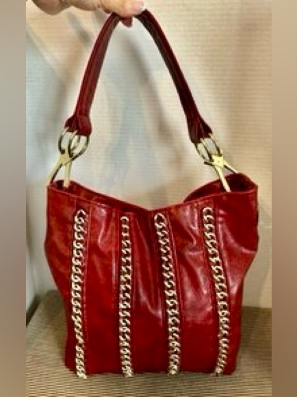 Braciano Red Leather Large Hobo Chain Accent Shoulder Bag Gold Hardware